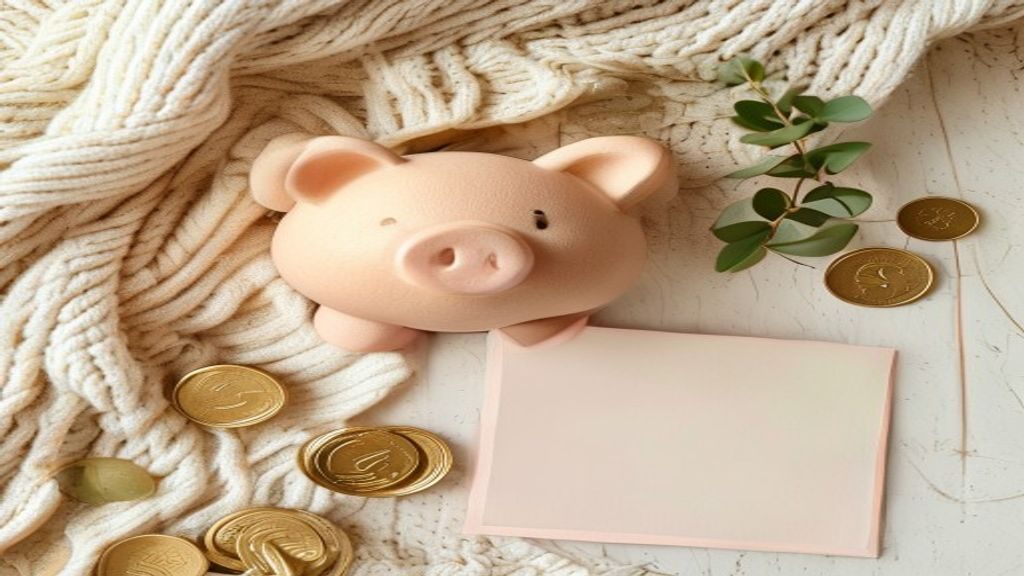 赤ちゃん貯金箱とコインのフラットレイ