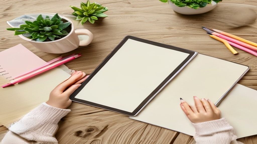 タブレット学習の机上のフラットレイ