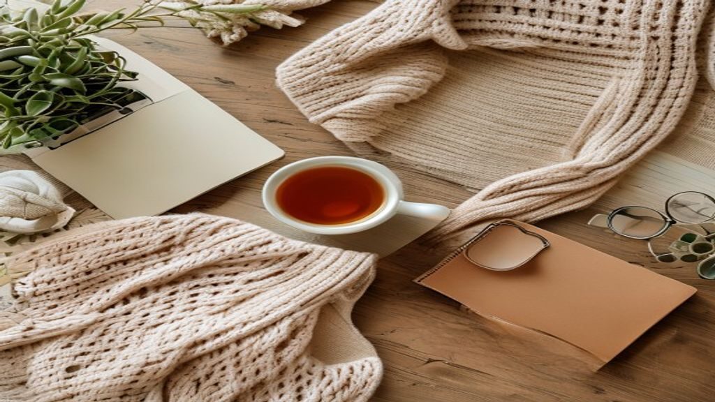 在宅勤務の朝、コーヒーとPCのフラットレイ