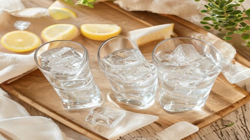 透明な水のグラスのフラットレイ